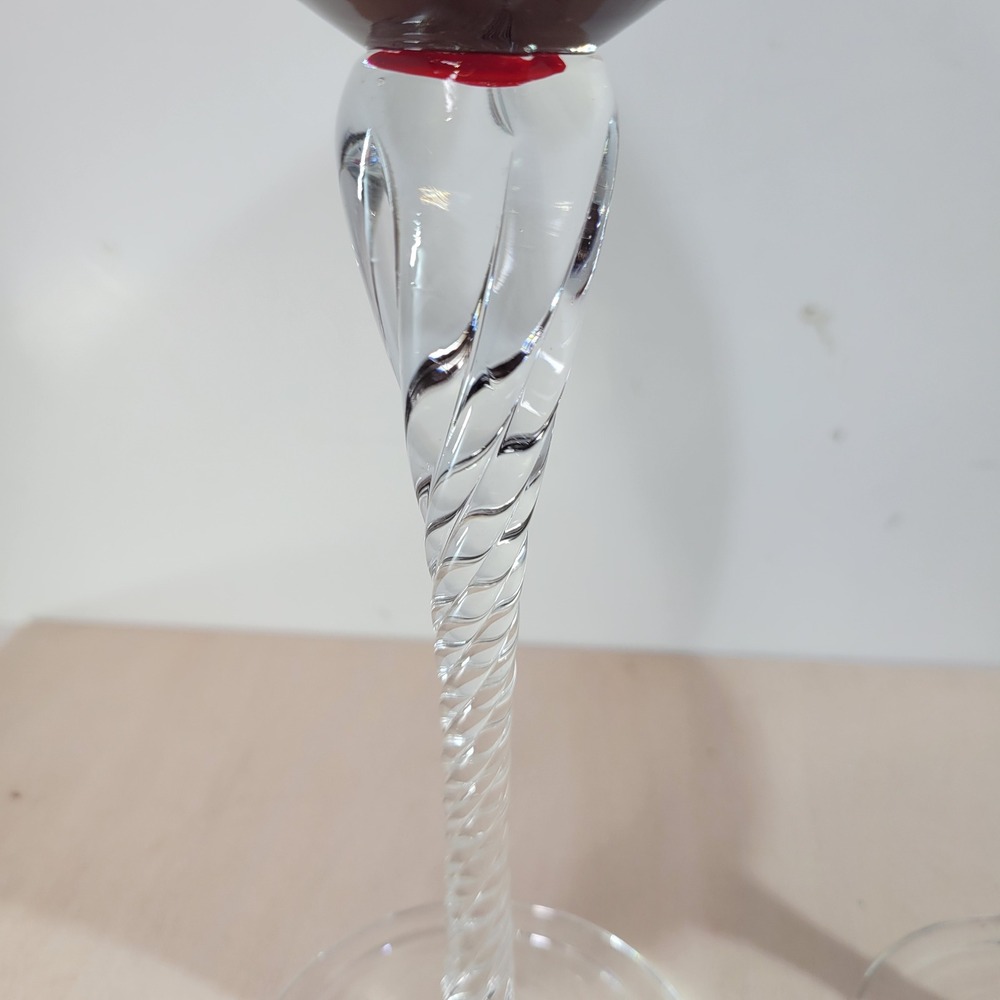 Set of 2 Large Red Wine Glasses Twisted Clear Stems - Picture 3 of 4
